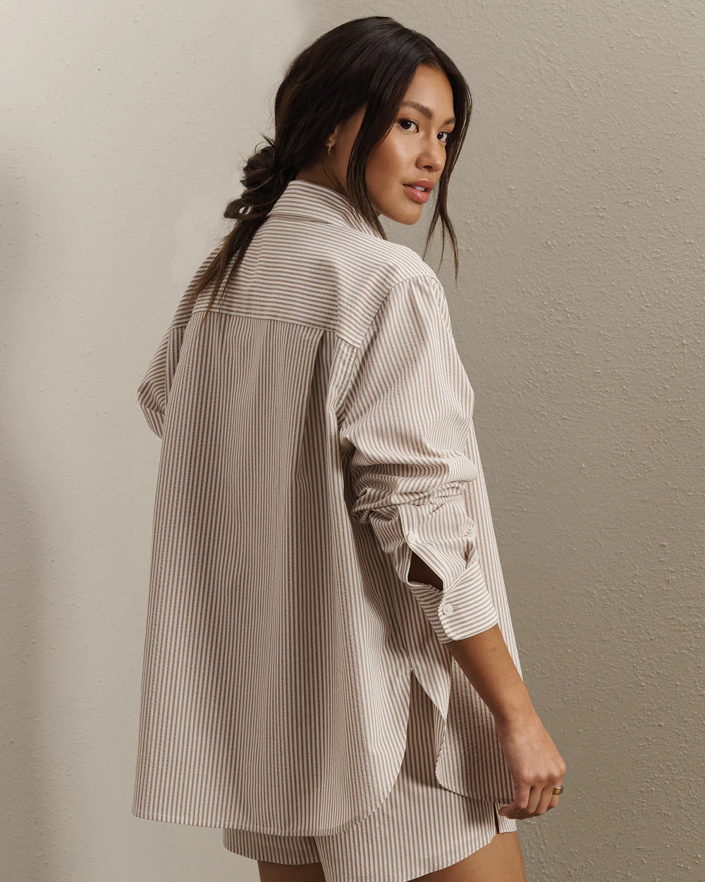 Rhone Saltair Button Up in Taupe Stripe at Baseline Social