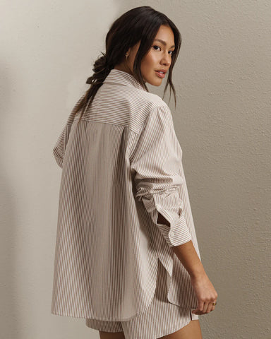 Rhone Saltair Button Up in Taupe Stripe at Baseline Social