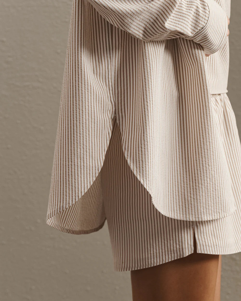 Rhone Saltair Button Up in Taupe Stripe at Baseline Social