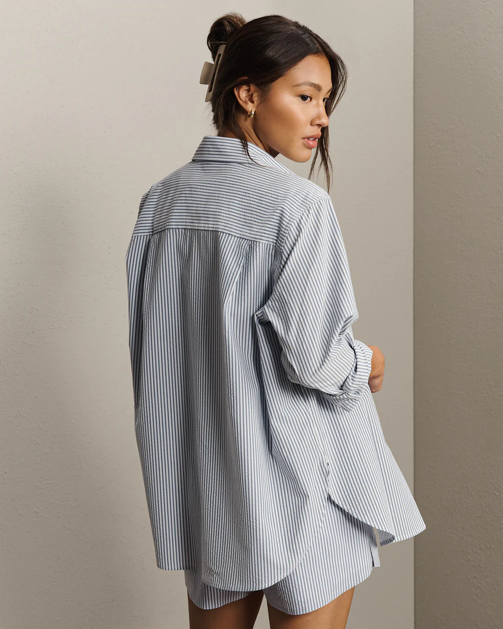 Rhone Saltair Button Up in Washed Navy Stripe at Baseline Social