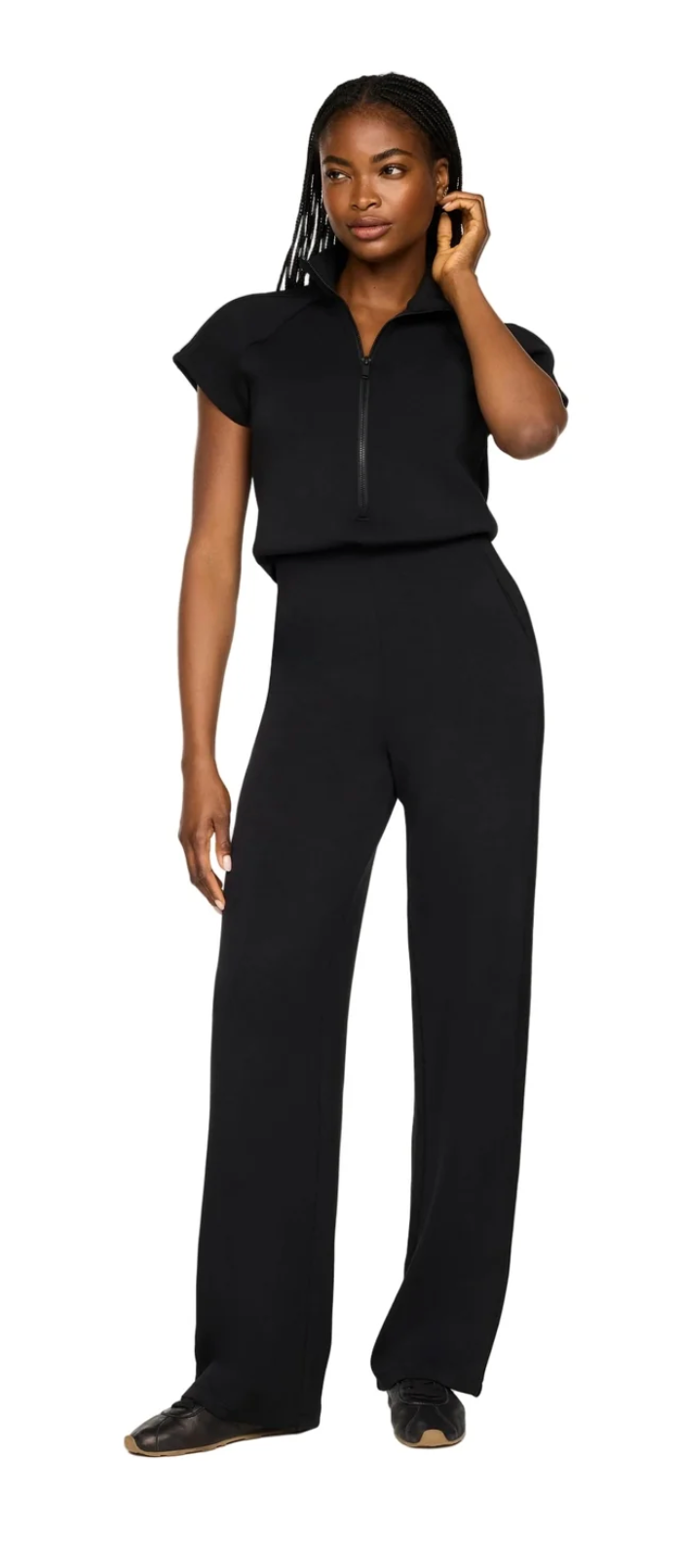 SPANX AirEssentials Pintuck Half Zip Jumpsuit in Very Black at Baseline Social