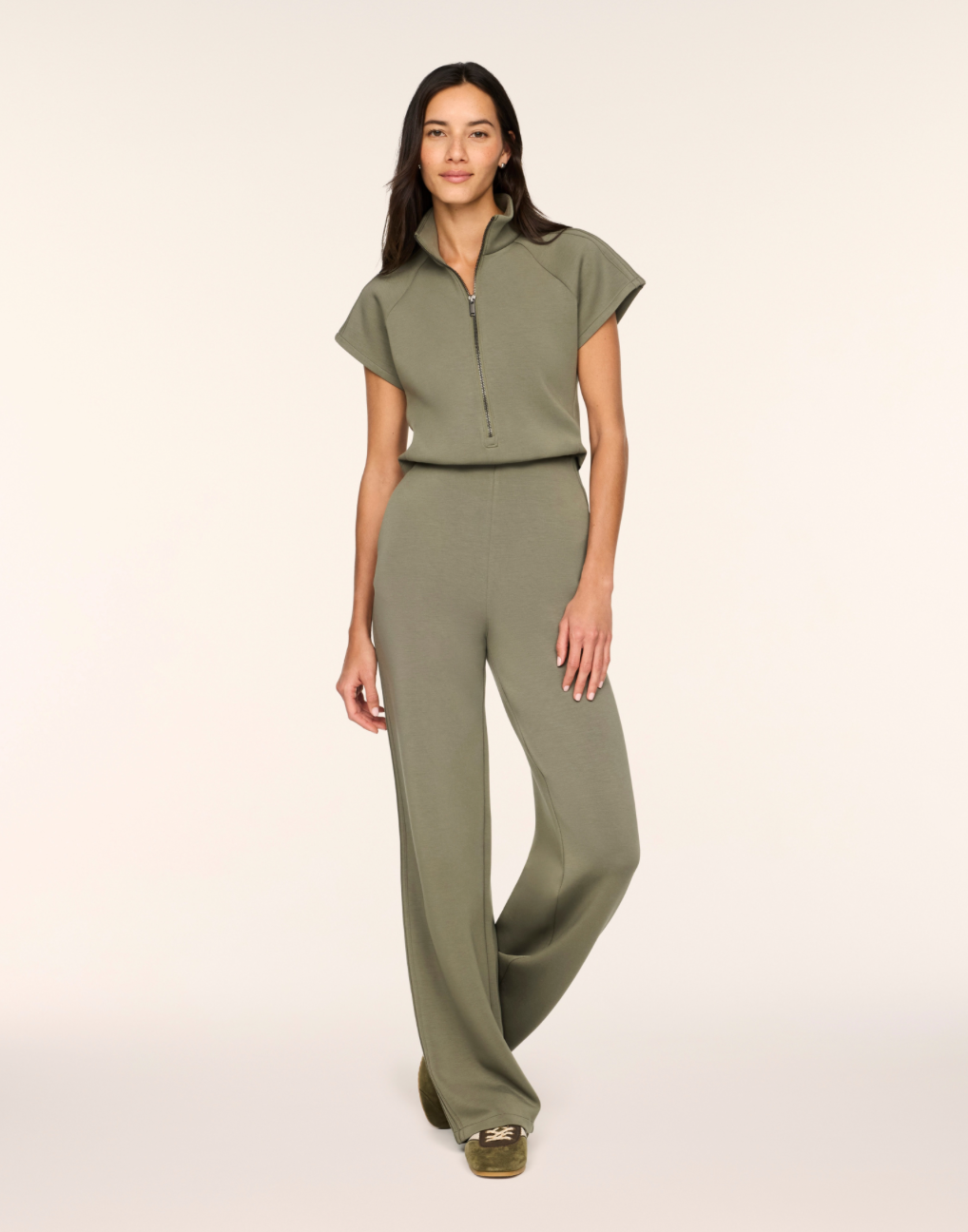 AirEssentials Pintuck Half Zip Jumpsuit in Herb