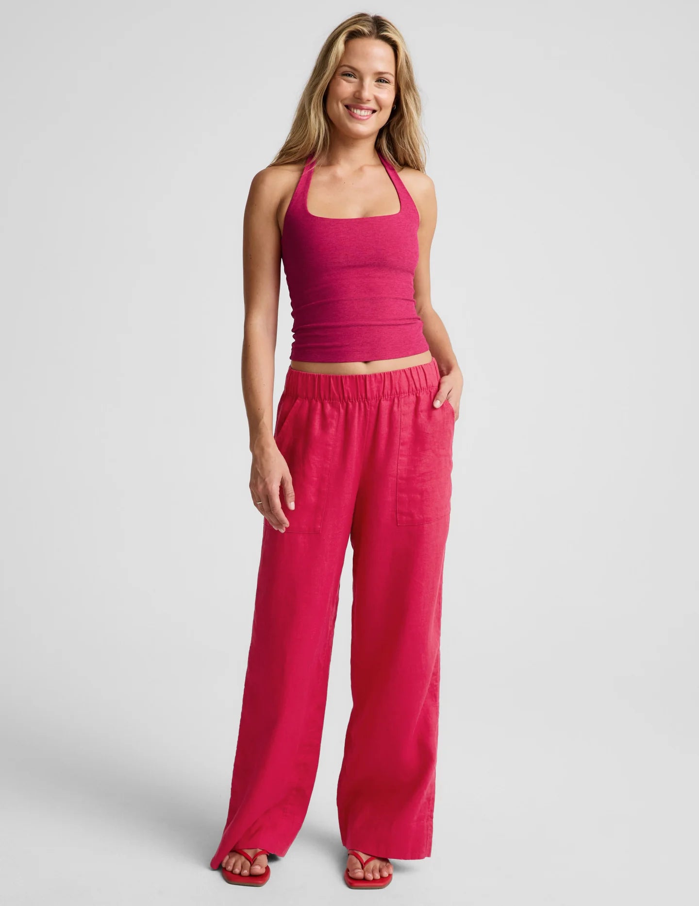 Beyond Yoga Spacedye Square Halter Tank in Berry Red at Baseline Social