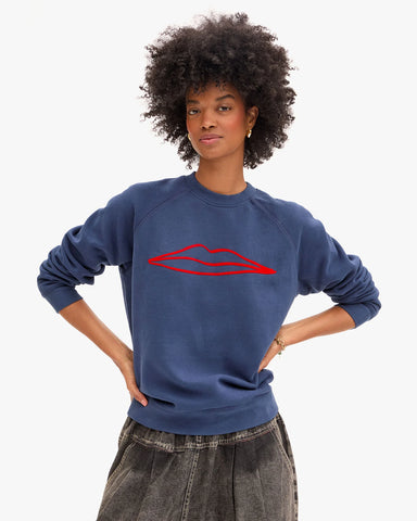 Clare V. Sweatshirt in Navy Flocked Surrealisme Lips at Baseline Social