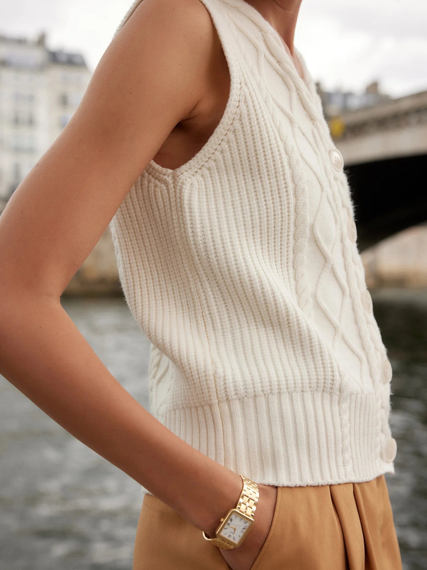 Varley Tatyana Cable Knit Vest in Egret at Baseline Social