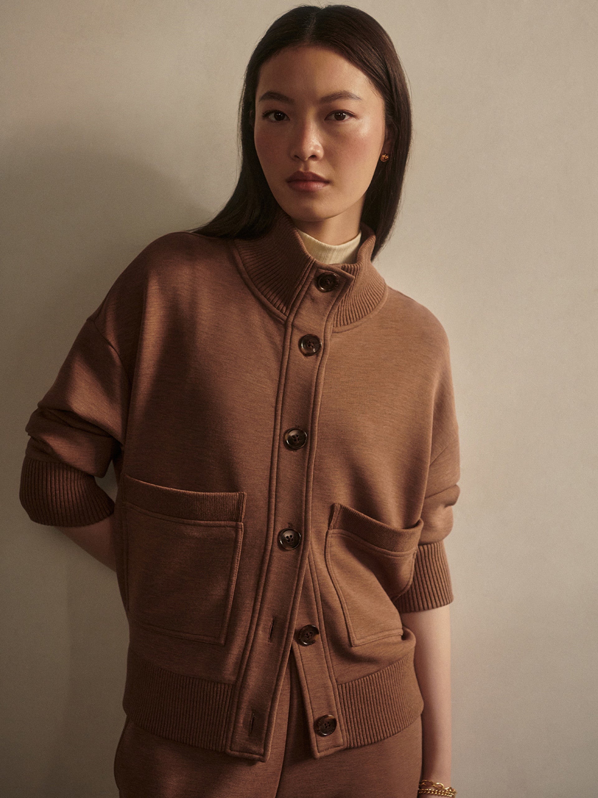 Varley Sabrina Button Through Sweater in Golden Bronze Marl at Baseline Social
