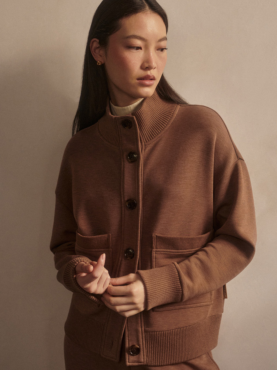Varley Sabrina Button Through Sweater in Golden Bronze Marl at Baseline Social