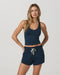 Vuori Halo Performance Crop 2.0 in Blue Coast Heather at Baseline Social
