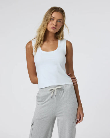 Vuori Halo Essential Scoop Tank in White at Baseline Social