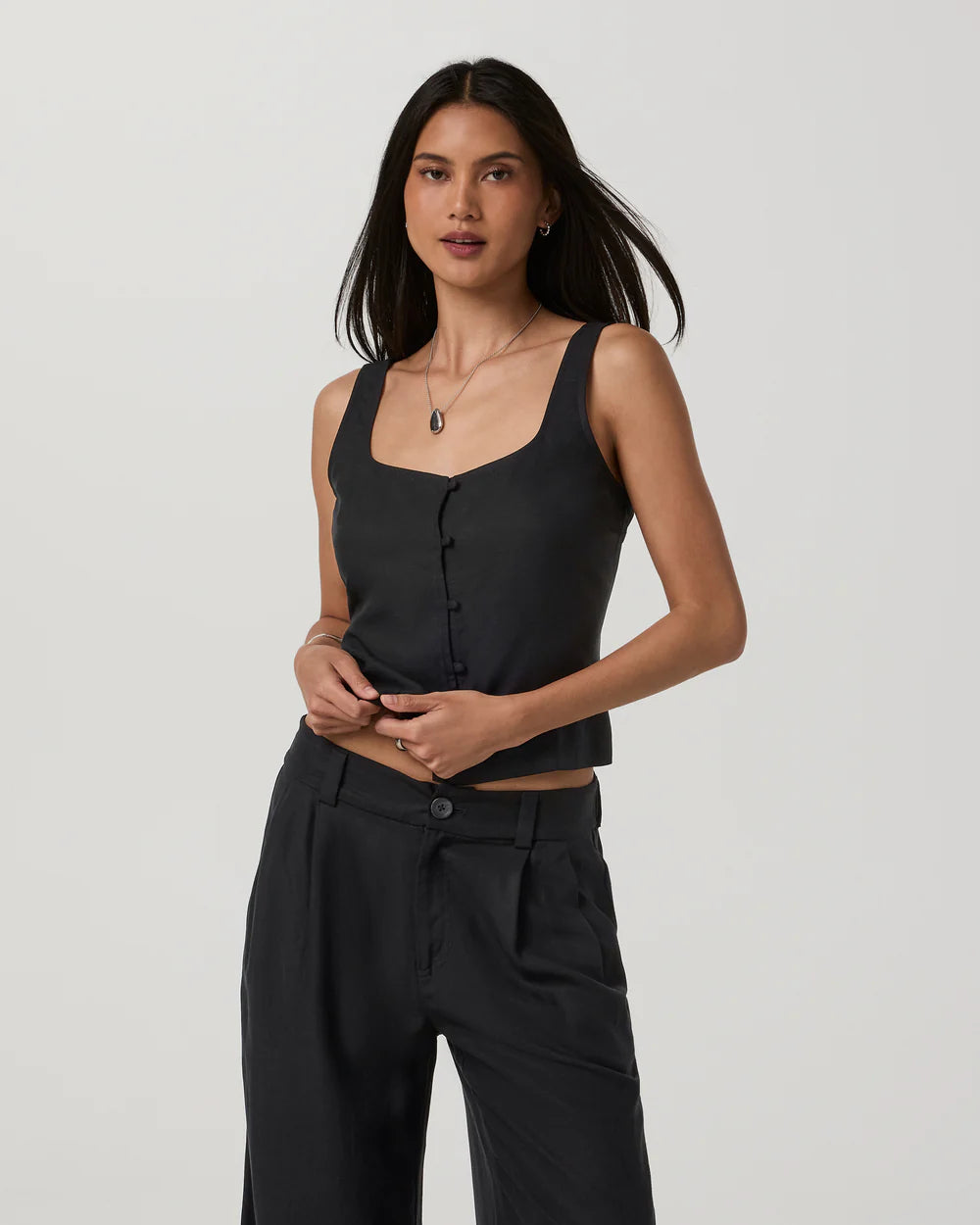 Vuori Trestles Twill Button Front Top in Black at Baseline Social