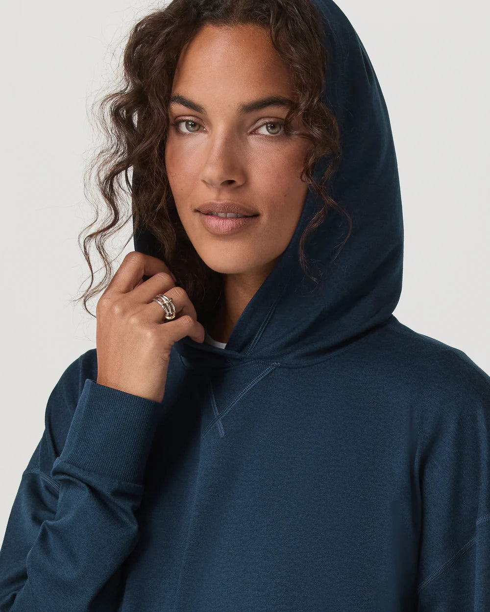 Vuori Halo Modern Pullover Hoodie in Blue Coast Heather at Baseline Social