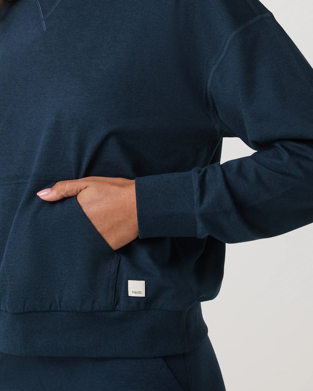 Vuori Halo Modern Pullover Hoodie in Blue Coast Heather at Baseline Social