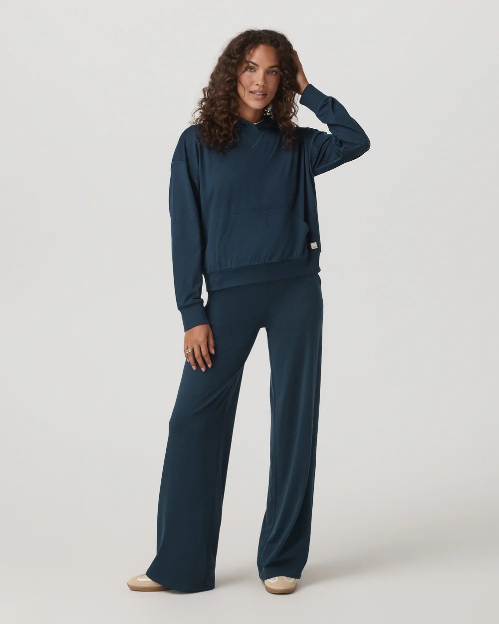 Vuori Halo Modern Pullover Hoodie in Blue Coast Heather at Baseline Social