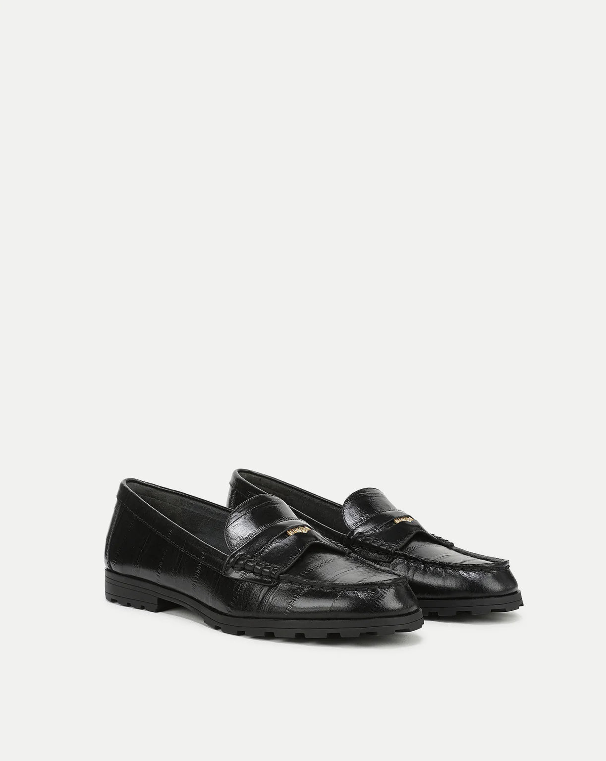 Penny Lug-Sole Loafer in Black Leather Crest