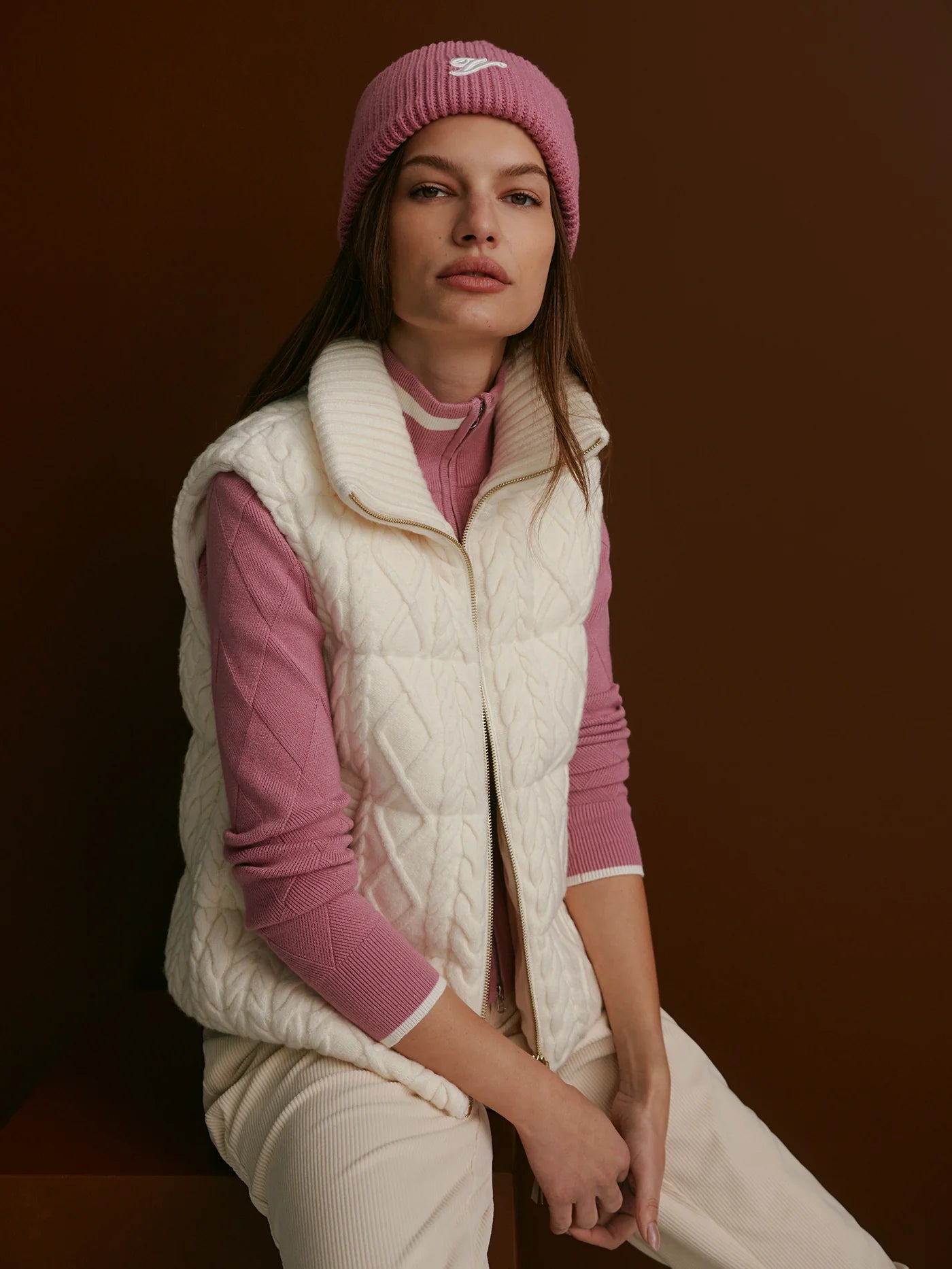 Varley Irina Cable Knit Gilet in Egret at Baseline Social