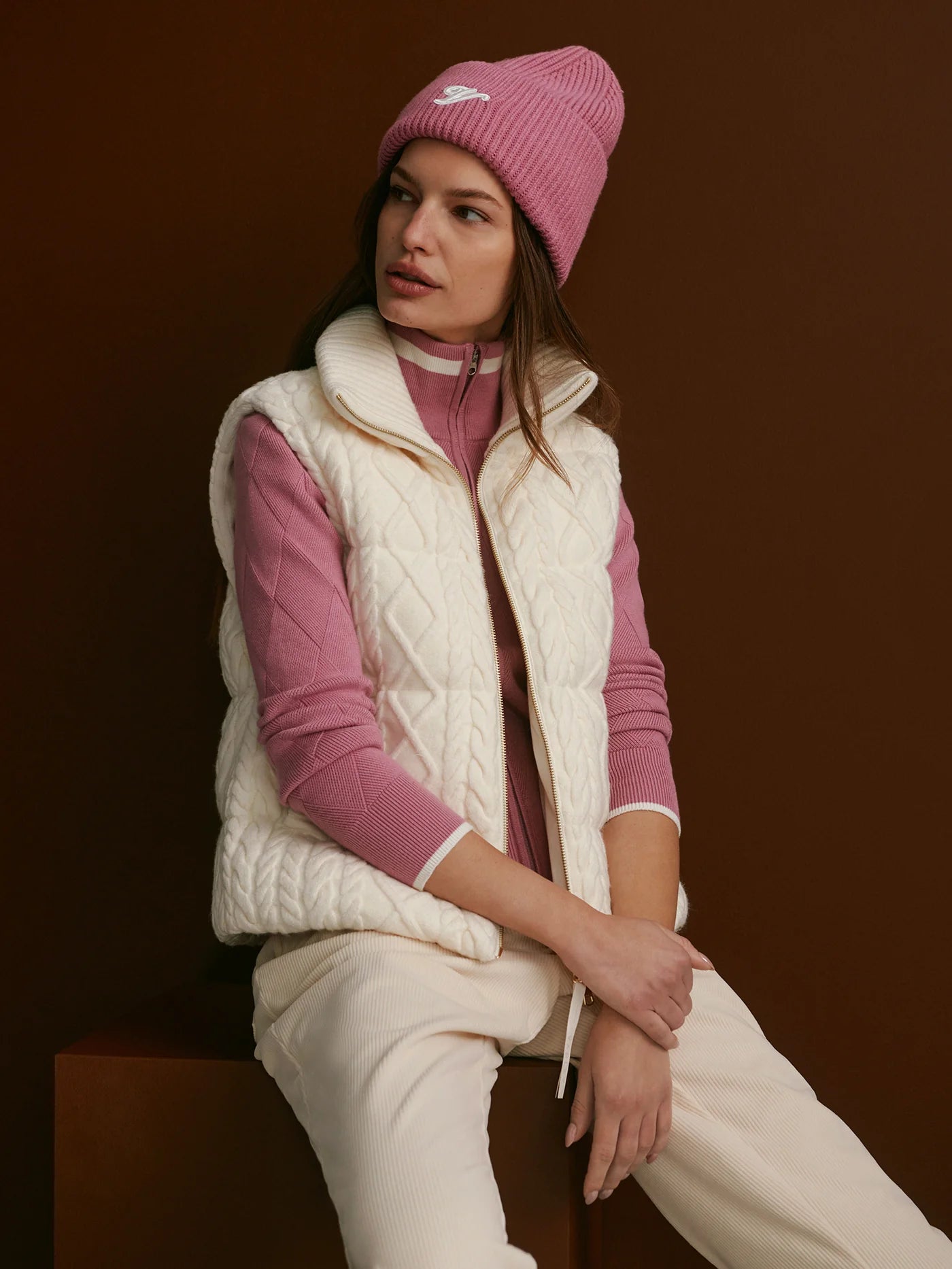 Varley Irina Cable Knit Gilet in Egret at Baseline Social
