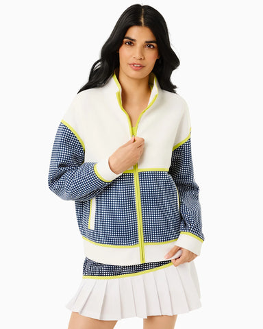 Addison Bay Billie Full Zip Sweatshirt in Super White/Navy Gingham/Chartreuse at Baseline Social