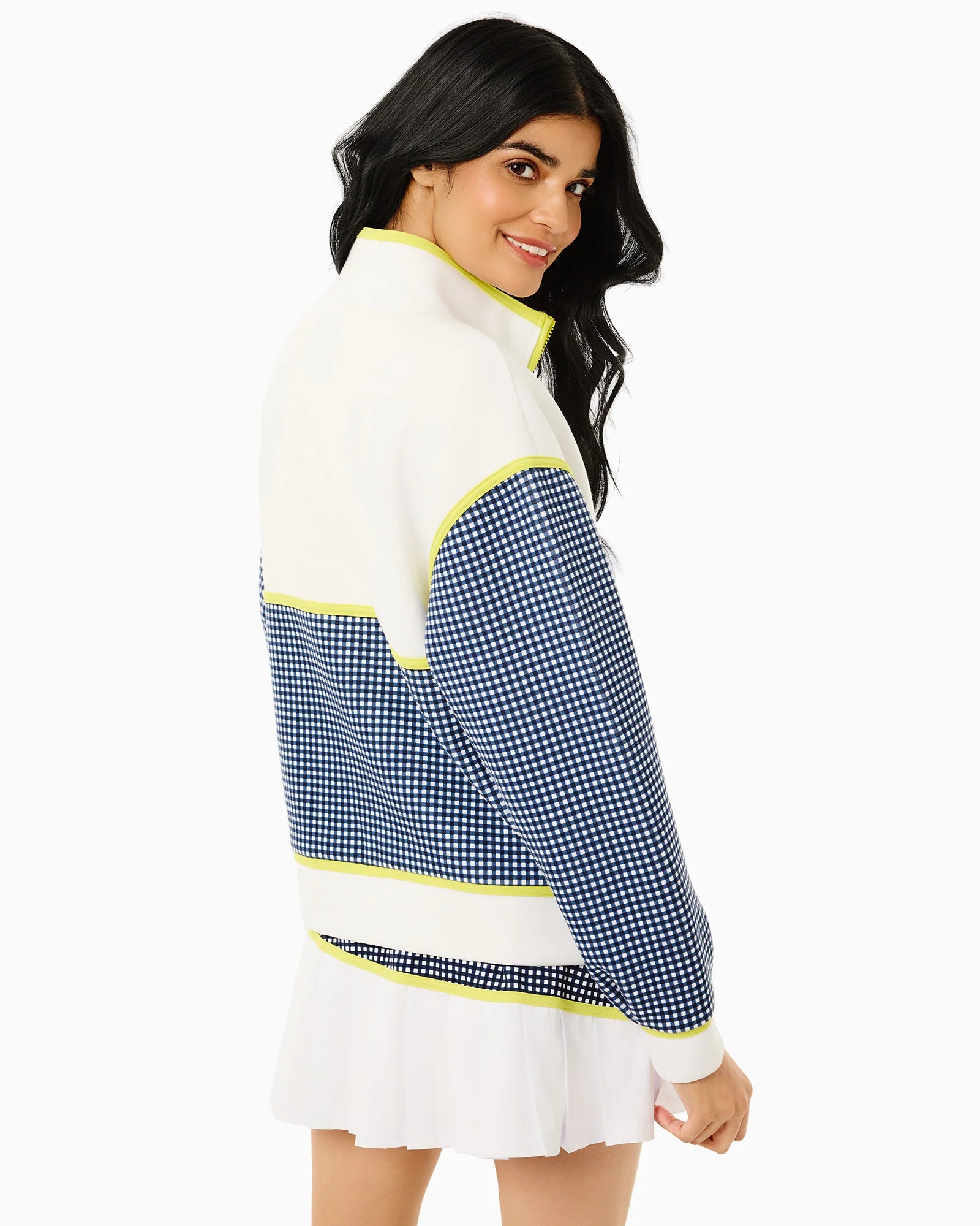 Addison Bay Billie Full Zip Sweatshirt in Super White/Navy Gingham/Chartreuse at Baseline Social