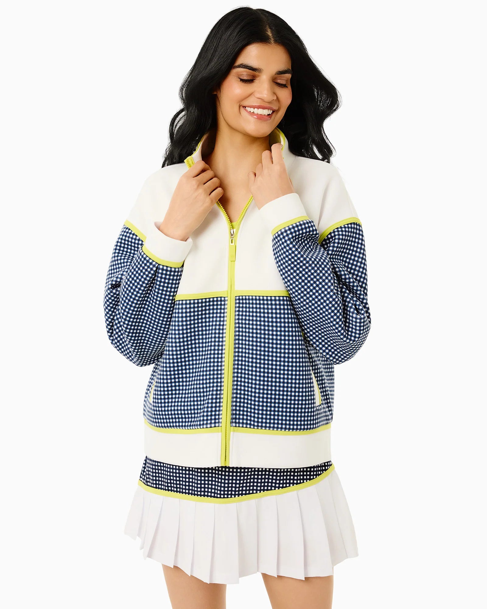 Addison Bay Billie Full Zip Sweatshirt in Super White/Navy Gingham/Chartreuse at Baseline Social