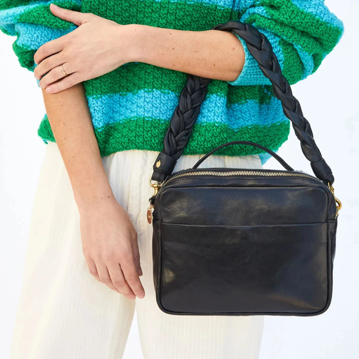 Clare V. Braided Shoulder Strap in Black Leather