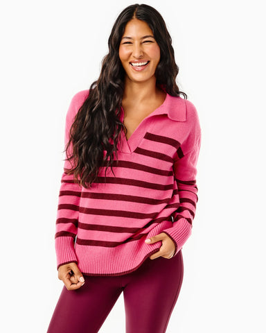 Addison Bay Carlyle Rugby Sweater in Lacquer/Rose Stripe at Baseline Social