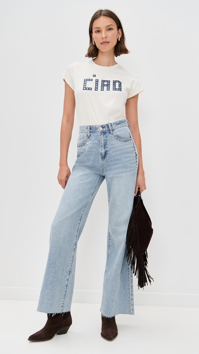 Clare V. Classic Tee in Cream Block Ciao w/ Studs at Baseline Social