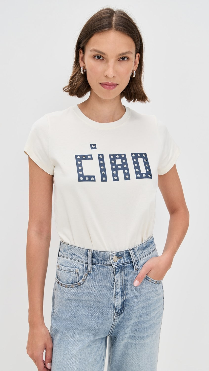 Clare V. Classic Tee in Cream Block Ciao w/ Studs at Baseline Social