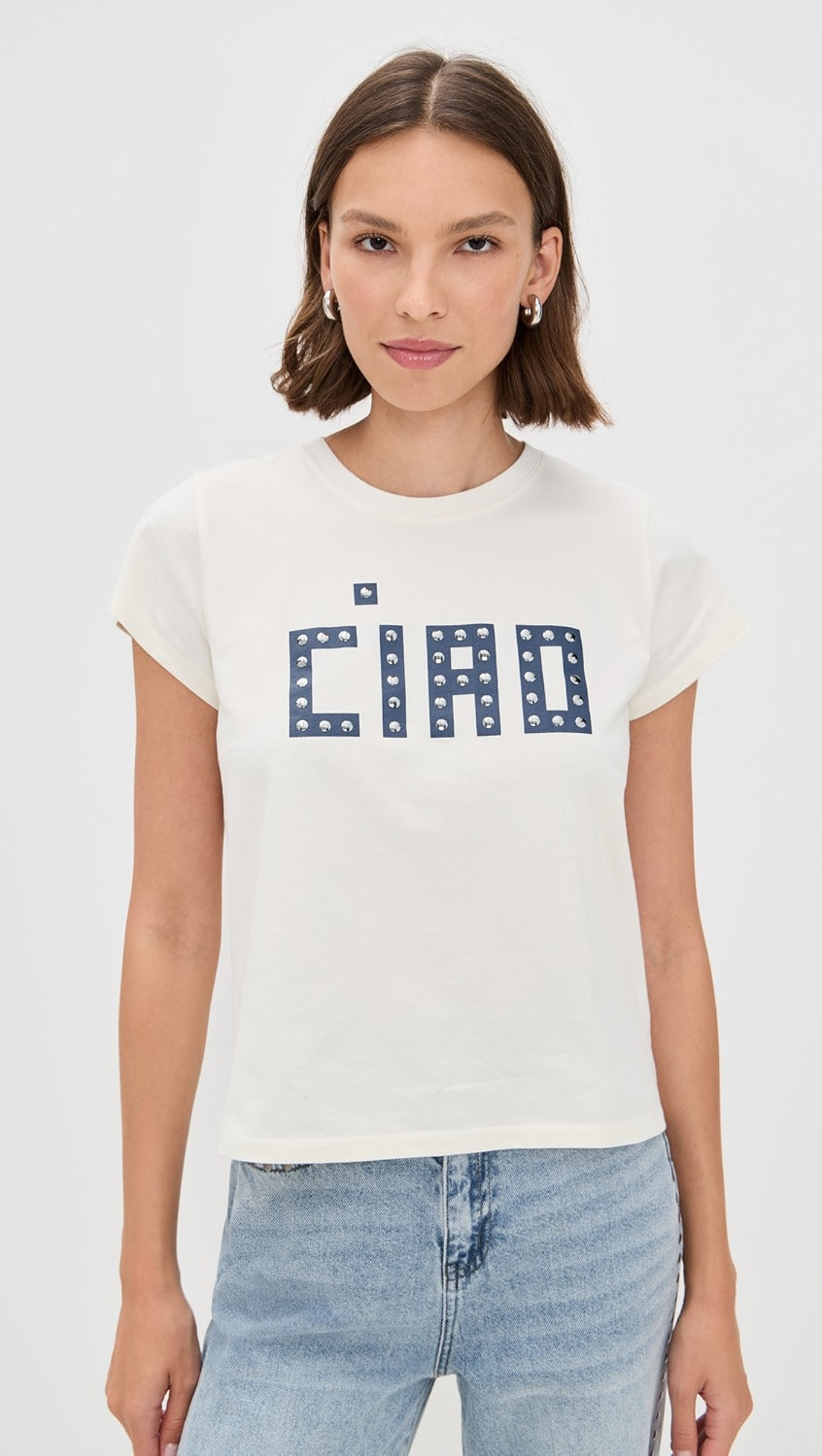 Clare V. Classic Tee in Cream Block Ciao w/ Studs at Baseline Social