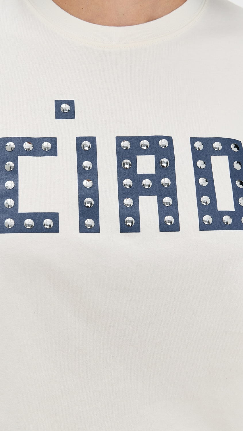 Clare V. Classic Tee in Cream Block Ciao w/ Studs at Baseline Social