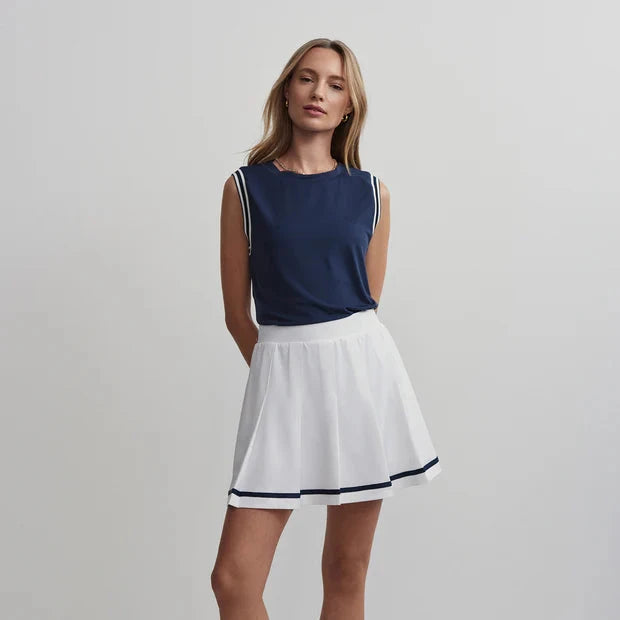 Varley Clarendon High Rise Skort in White with Navy Trim