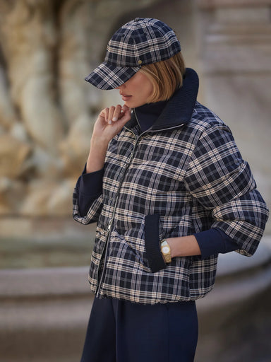 Varley Bryony Short Puffer Jacket in Navy Check at Baseline Social