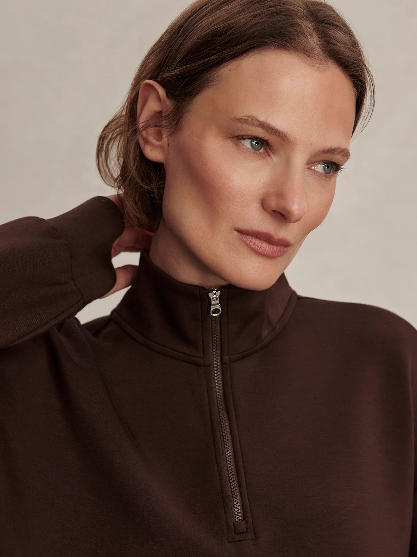 Varley Sian Cropped Half Zip Sweat in Coffee Bean at Baseline Social