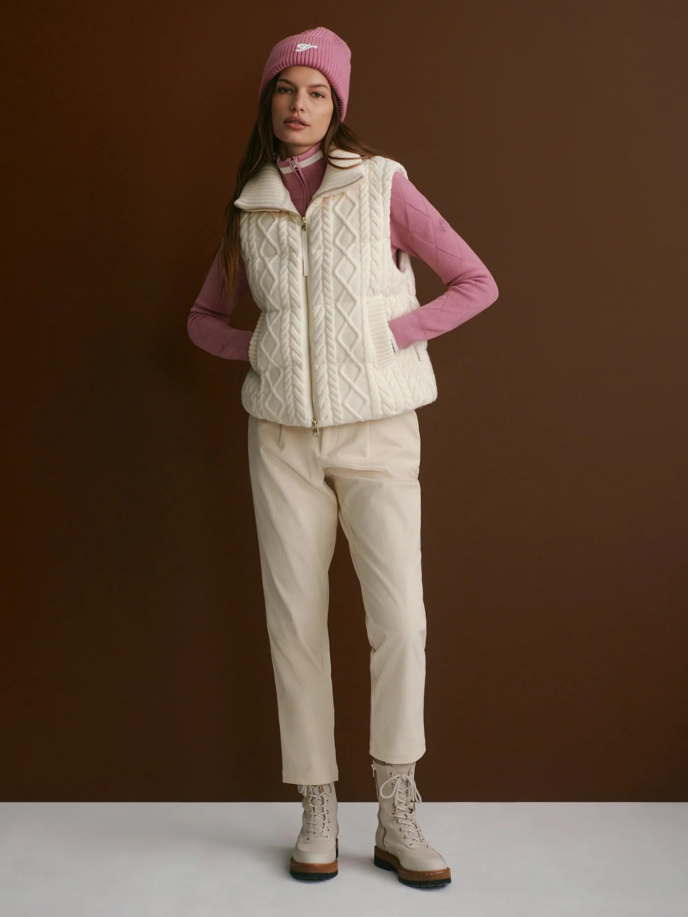 Varley Irina Cable Knit Gilet in Egret at Baseline Social