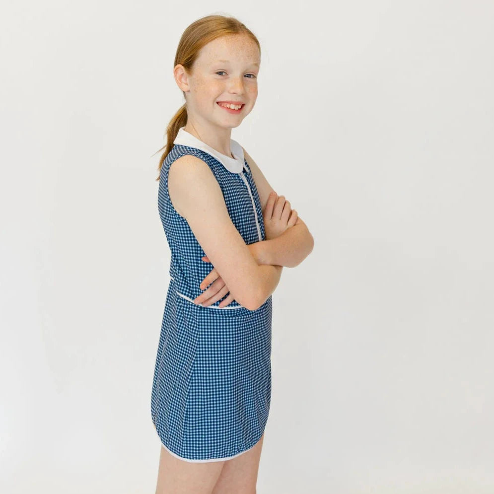 Courtside Kids Girls Batters Box Gingham Dress in Navy and White