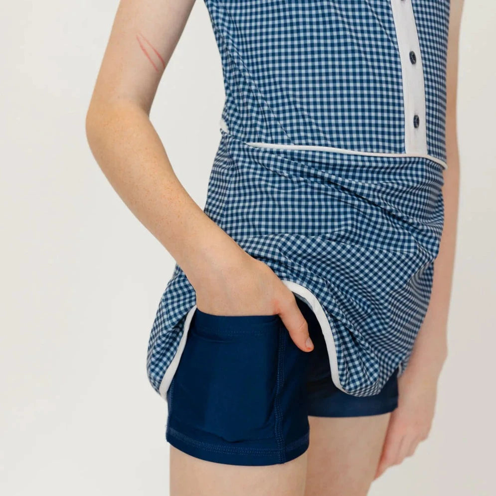 Courtside Kids Girls Batters Box Gingham Dress in Navy and White