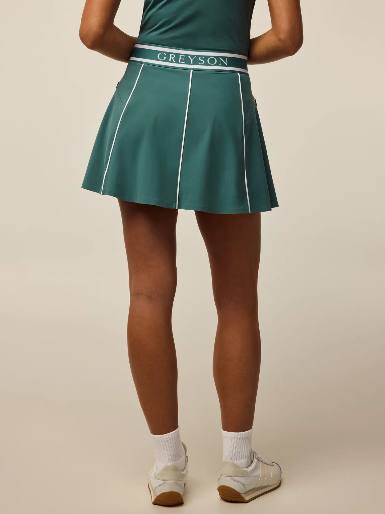 Greyson Phoenix Luxe Flare Skirt in Marsh Green at Baseline Social