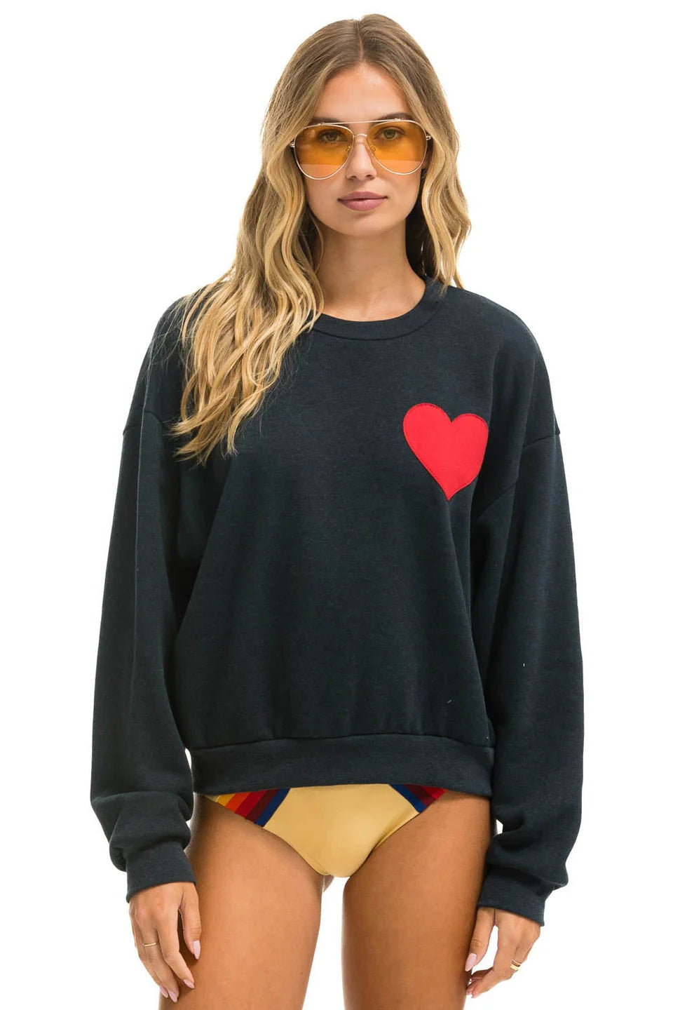 Aviator Nation Heart Stitch Relaxed Crew in Charcoal at Baseline Social
