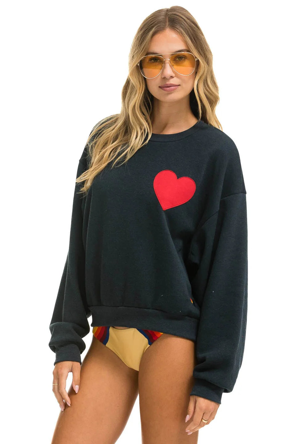 Aviator Nation Heart Stitch Relaxed Crew in Charcoal at Baseline Social