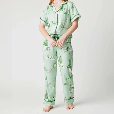 Katie Kime Holiday Toile Pajama Pant Set in Mint/Hunter