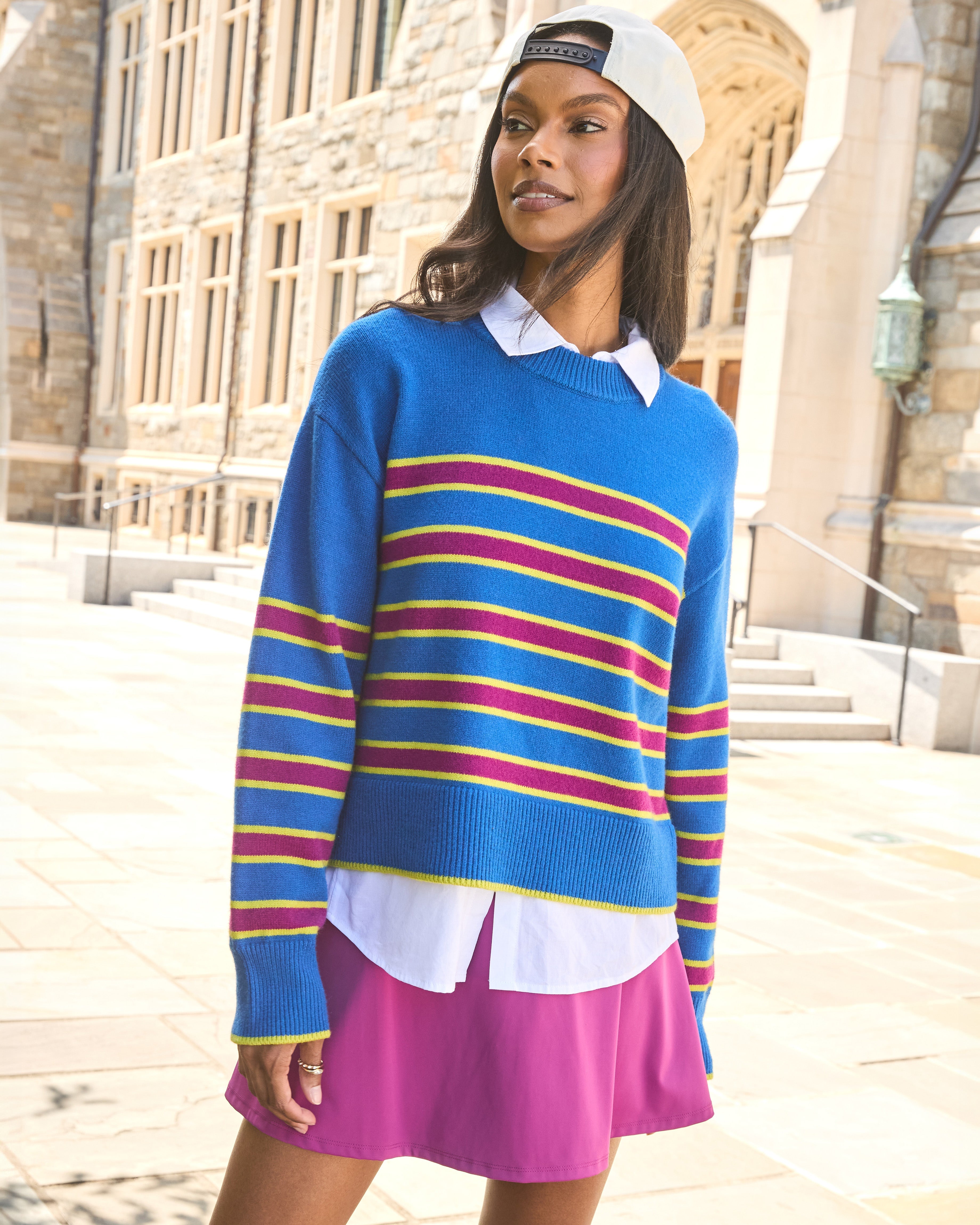 Junior Carlyle Crewneck Sweater in Harbor Blue/Plum Stripe