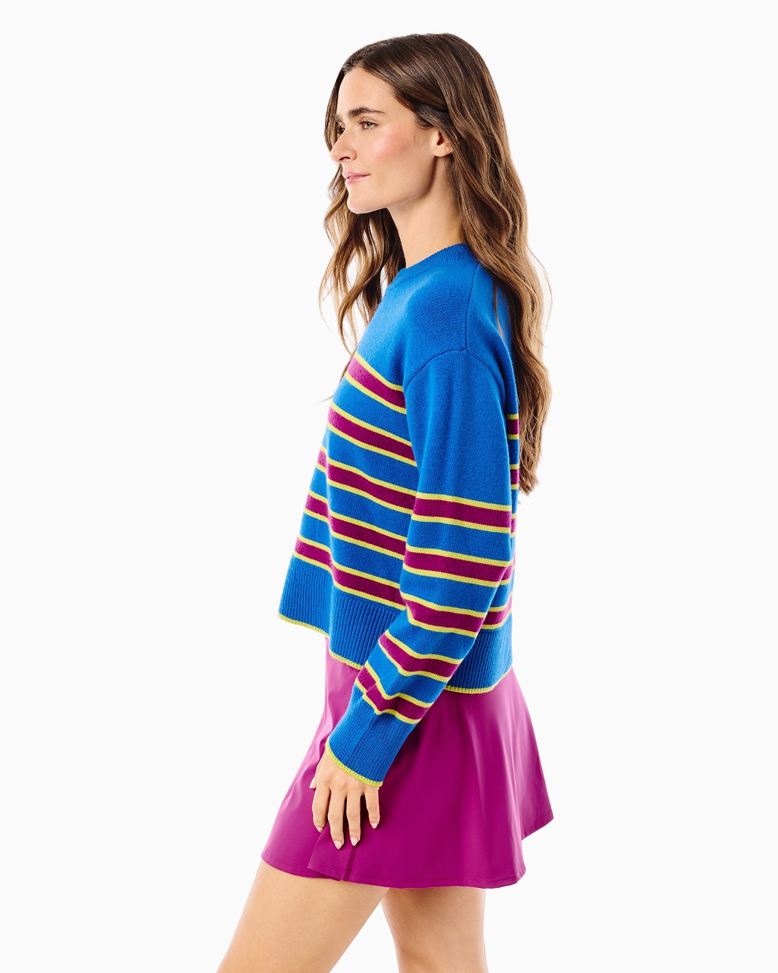 Junior Carlyle Crewneck Sweater in Harbor Blue/Plum Stripe
