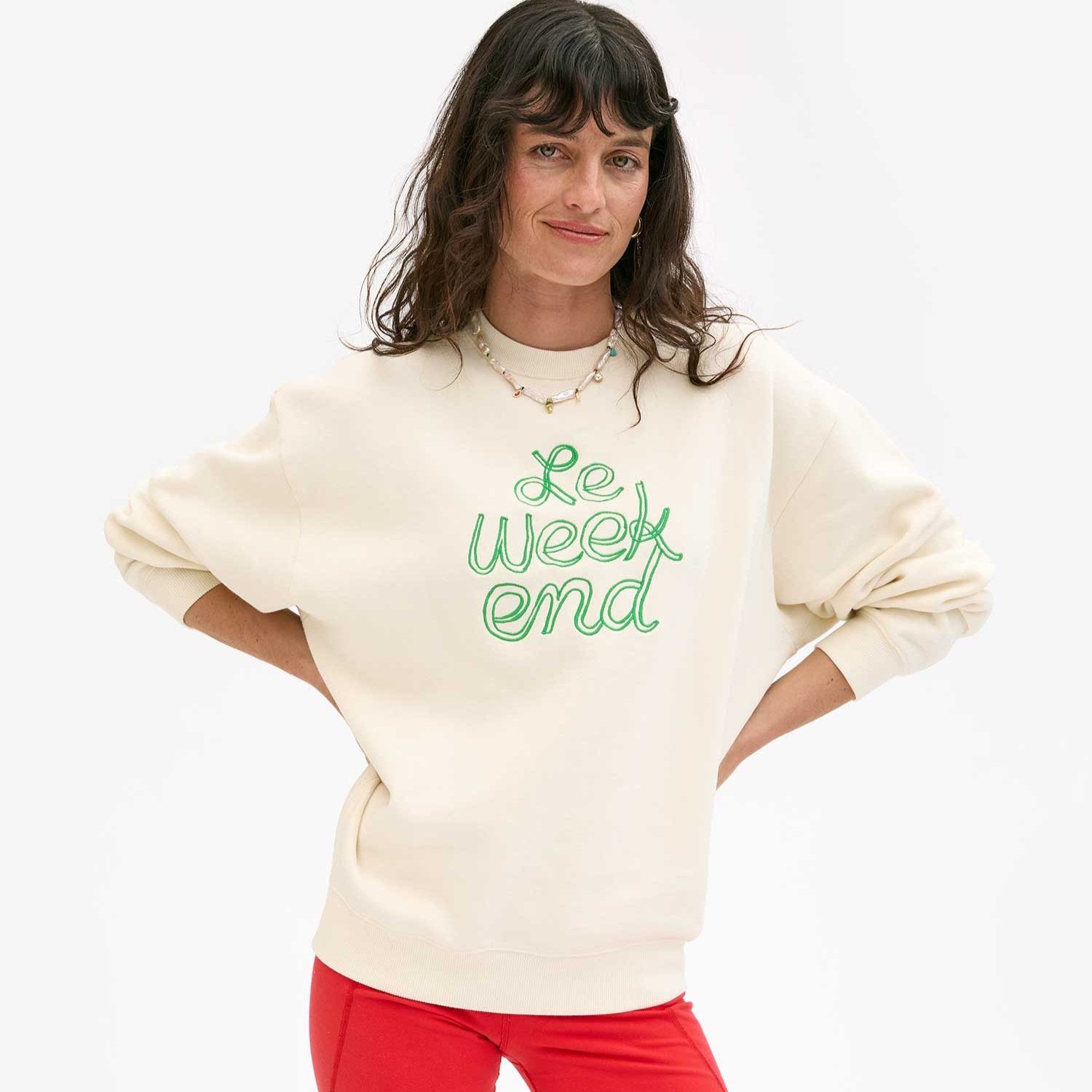 Clare V. Oversized Sweatshirt in Cream with Green Embroidered Le Weekend