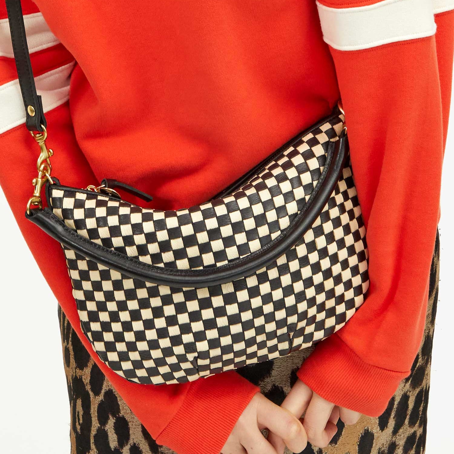 Clare V. Petit Moyen Messenger in Black & Cream Woven Checker