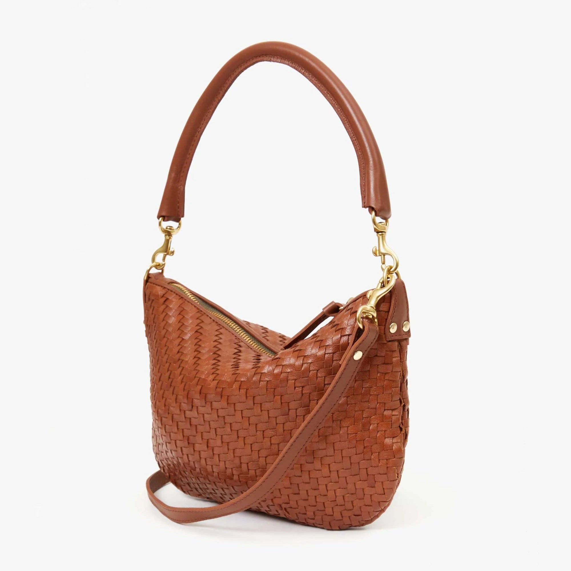 Clare V. Petit Moyen Messenger in Hazelnut Woven Zig Zag