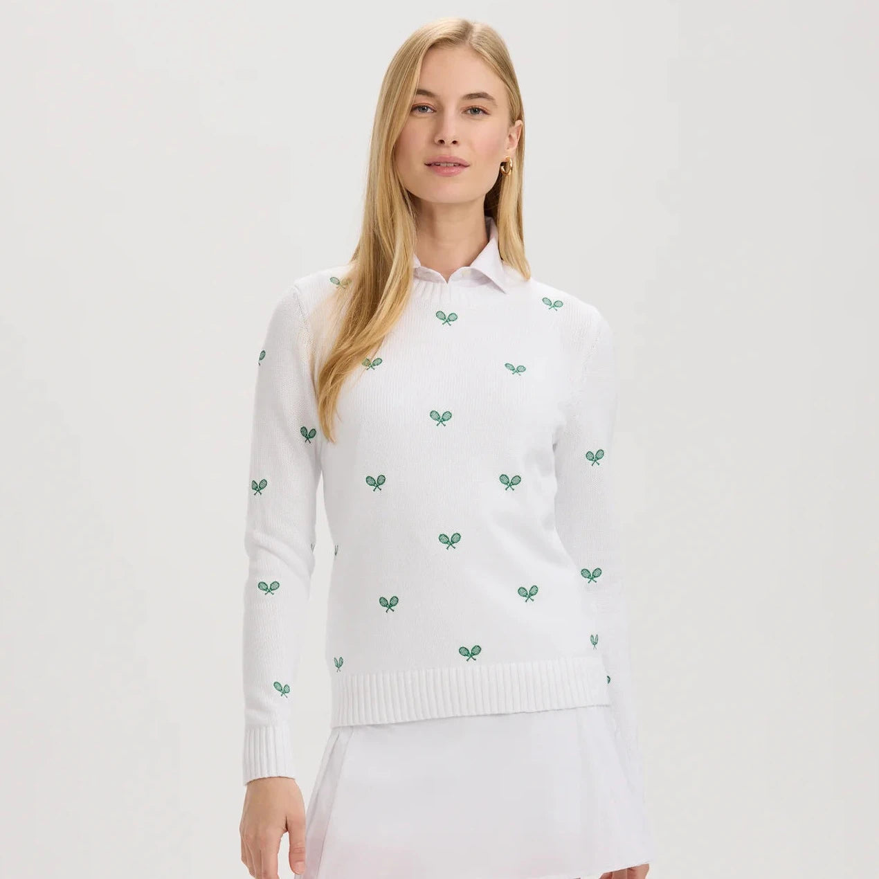 Renwick Allover Racquets Sweater in White and Green