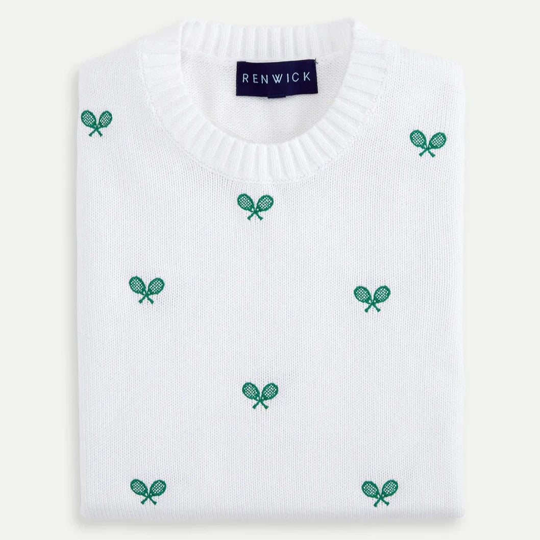 Renwick Allover Racquets Sweater in White and Green