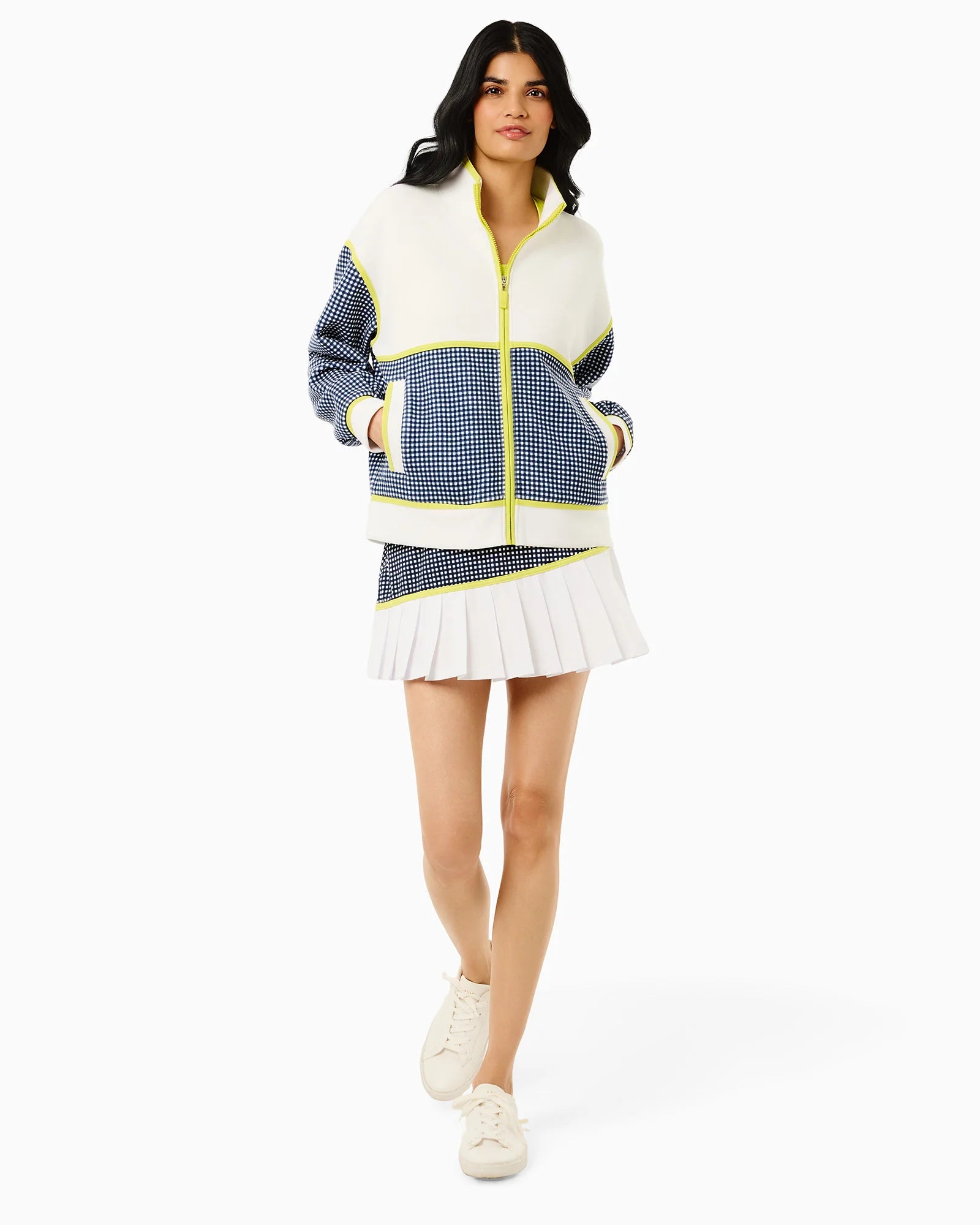 Addison Bay Rally Skort in Navy Gingham/Chartreuse at Baseline Social