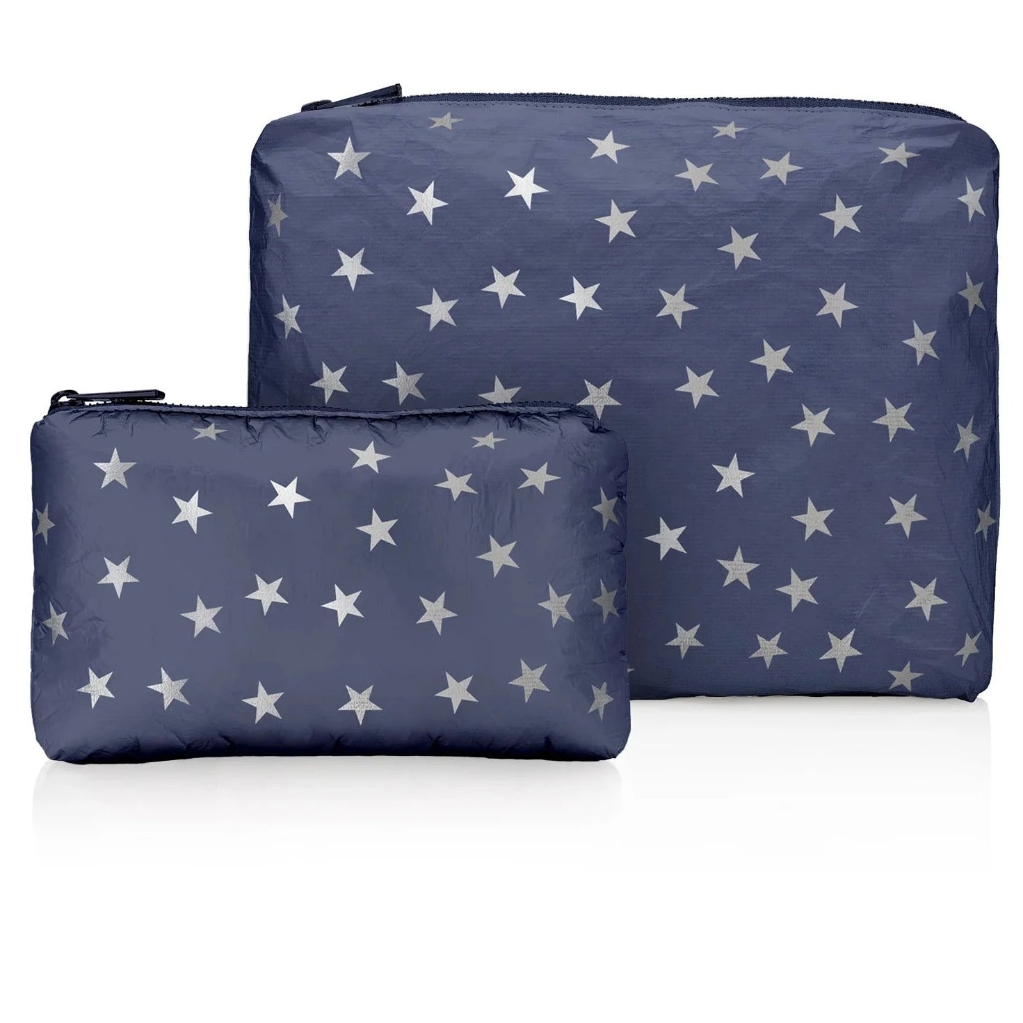 Hi, LOVE Travel Set of Two Zipper Bags in Shimmer Navy with Silver Stars