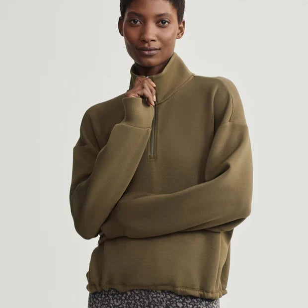 Varley Sian Cropped Half Zip Midlayer in Dark Olive