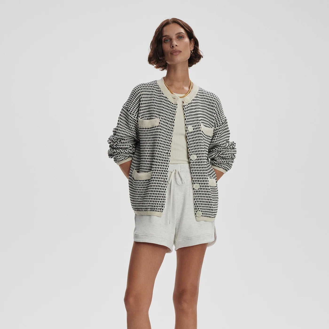 Varley Tidewell Textured Knit Jacket in Birch Multi Stitch